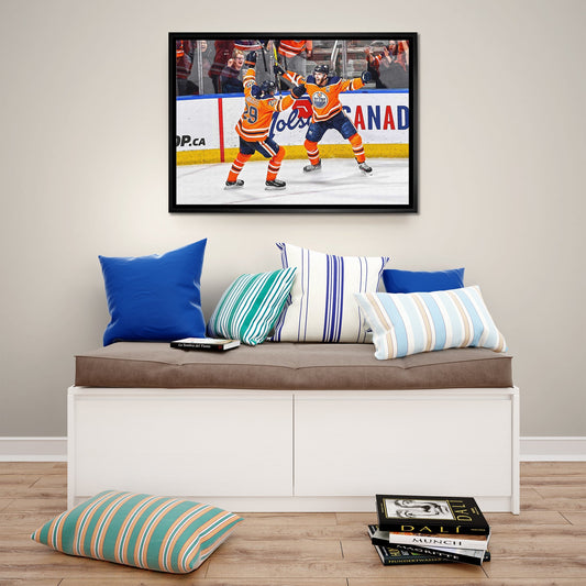 Leon Draisaitl and Connor McDavid 20x29 Framed Canvas Oilers Celebration-H Frameworth Sports Marketing