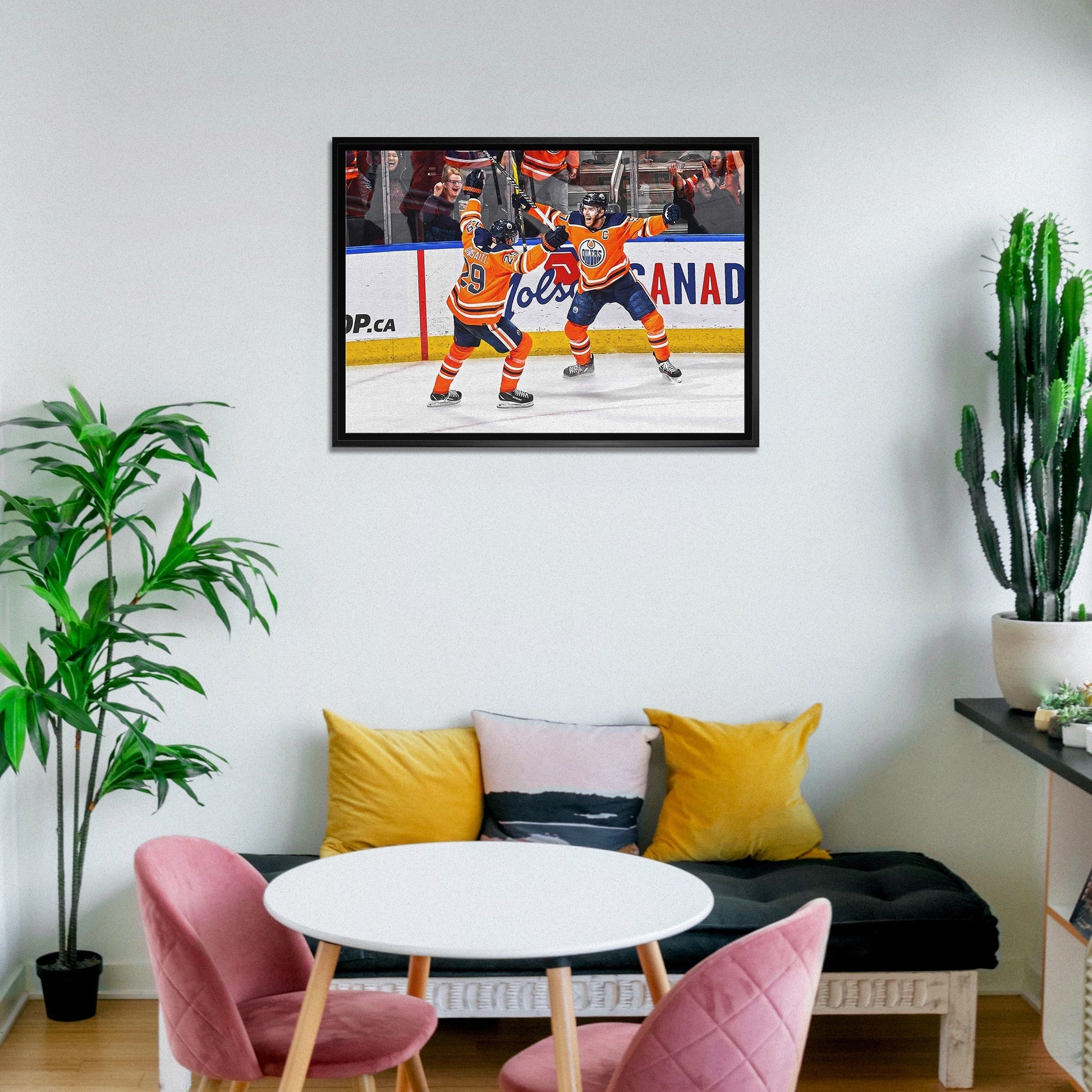 Leon Draisaitl and Connor McDavid 20x29 Framed Canvas Oilers Celebration-H Frameworth Sports Marketing