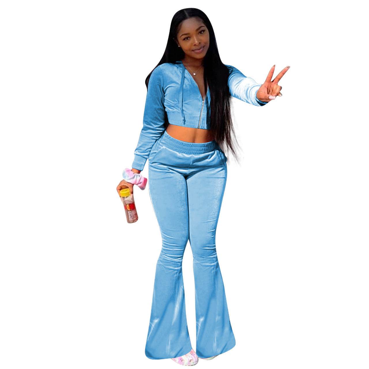 Women 2pcs Velvet Hoodie Wide leg Pant Crop top sweatsuit Athleisure Outfit - Velora