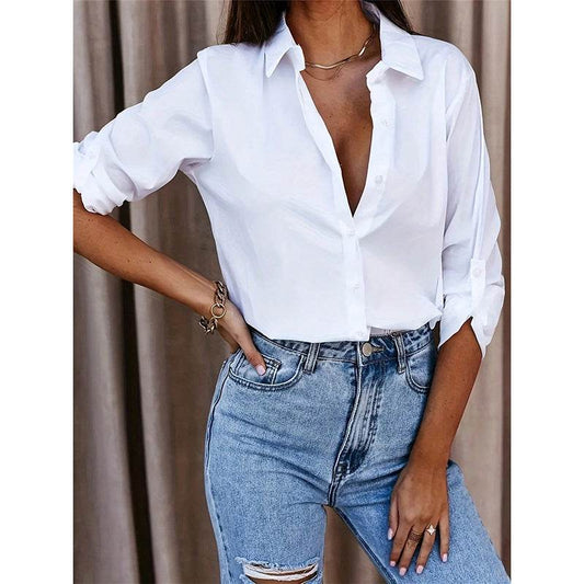 Women's Casual Long Sleeve Button-Down Shirt With Roll-Up Sleeves, Stylish Mid-Length Blouse For Everyday Wear - Velora