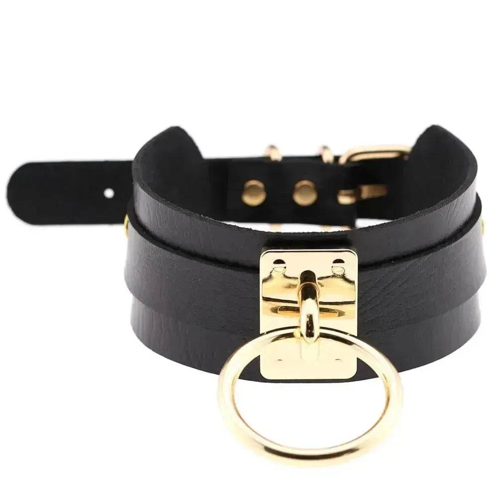 Gothic Punk Wide PU Leather O Ring BDSM Collar Choker Necklace Women Bondage Collar - Velora