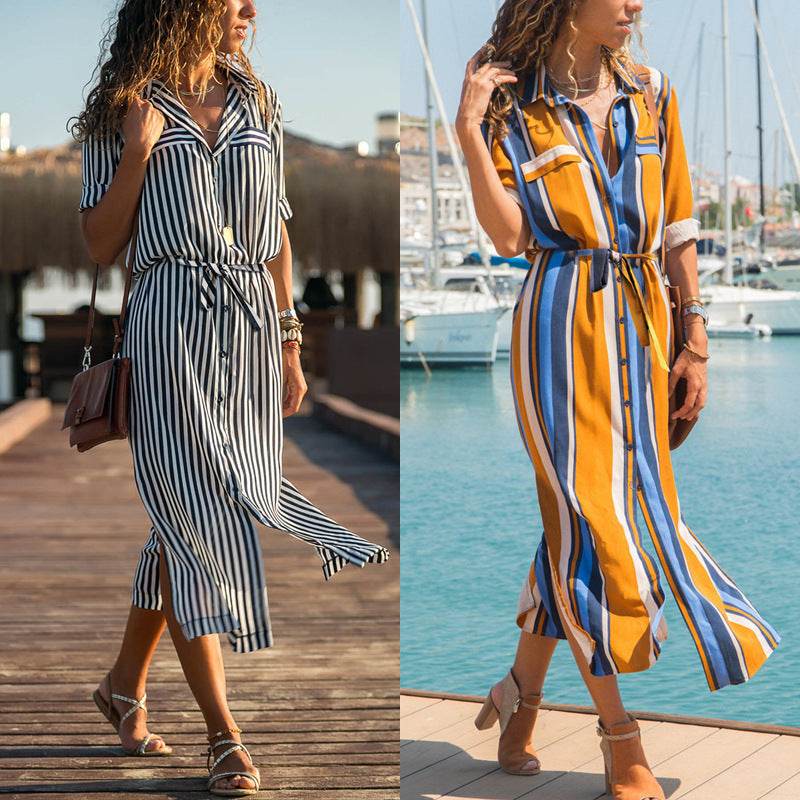 Stripe Shirt Women's Dress Spring Summer Chiffon V-neck Sexy Maxi Dresses Sexy Elegant Casual Girl Lace Women Long Sleeve - Velora