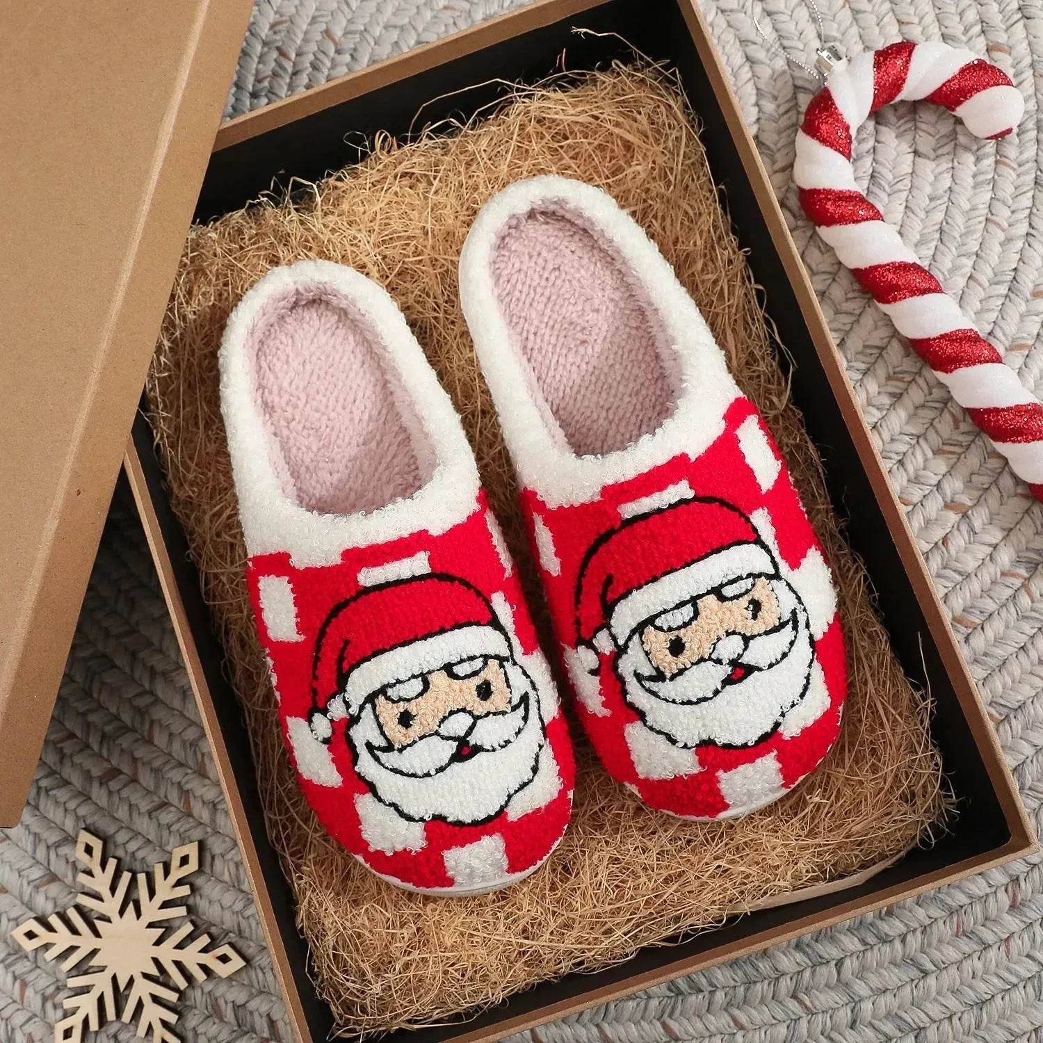 New Christmas Plaid Santa Claus Slippers Winter Indoor Non-slip Floor Bedroom Fuzzy House Shoes For Women Home Slipper - Velora
