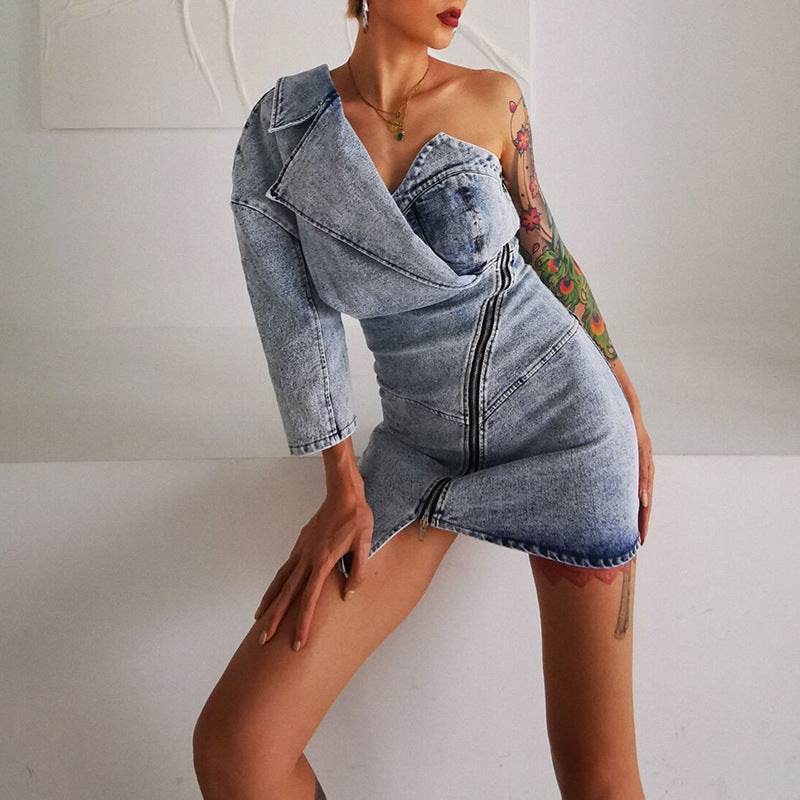 Street Fashion One shoulder Denim Mini Jeans hip dress - Velora