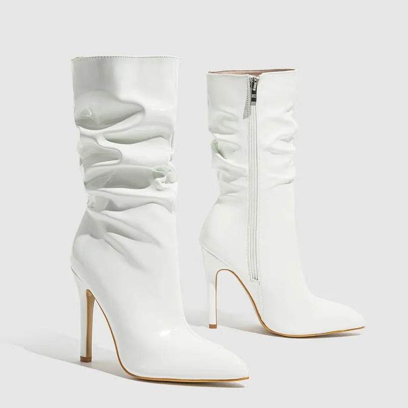 Patent Leather High Heel Pointed Stiletto Heel Pile Style Boots - Velora