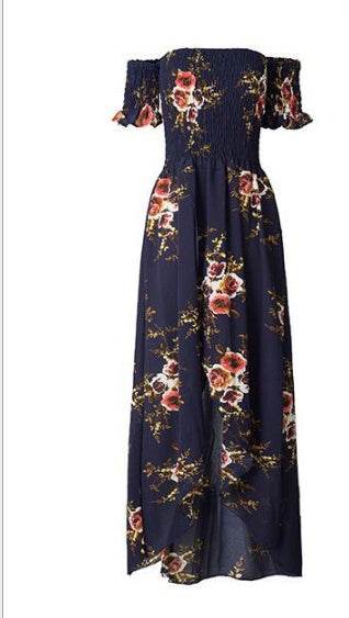 Elegant Ladies Summer Boho Vacation Resort Slit Maxi dress off shoulder Long floral Beach summer slit dress - Velora