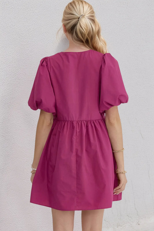 Oh Bow Ruched Puff Sleeve Mini Dress - Velora