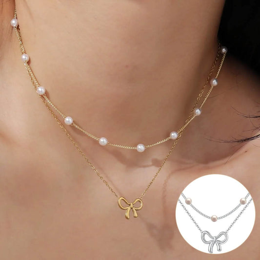 Simple Pearl Double Layer Choker Fashion Gold Color Necklaces Chain Small Bow Pendant Necklace Jewelry Gifts For Women Fashion Jewelry Valentine's Day Gifts - Velora