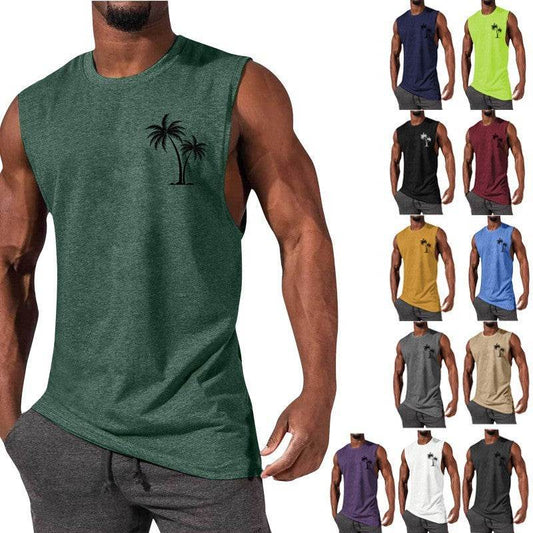 Coconut Tree Embroidery Vest Summer Beach Tank Tops Workout Muscle Men Sports Fitness T-shirt - Velora