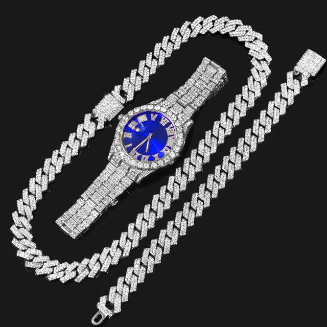 14MM Cuban Link Chain, Bracelet, Blue Face Watch - Silver - Velora Luxury Fashion
