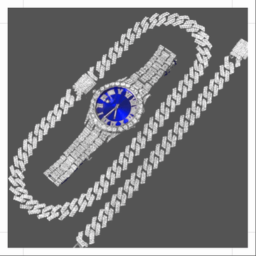 14MM Cuban Link Chain, Bracelet, Blue Face Watch - Silver - Velora Luxury Fashion