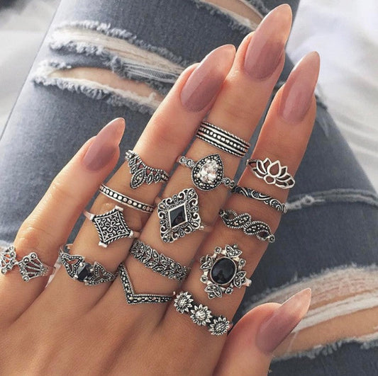 15 Piece Alloy Vintage Ring Set - Velora Luxury Fashion