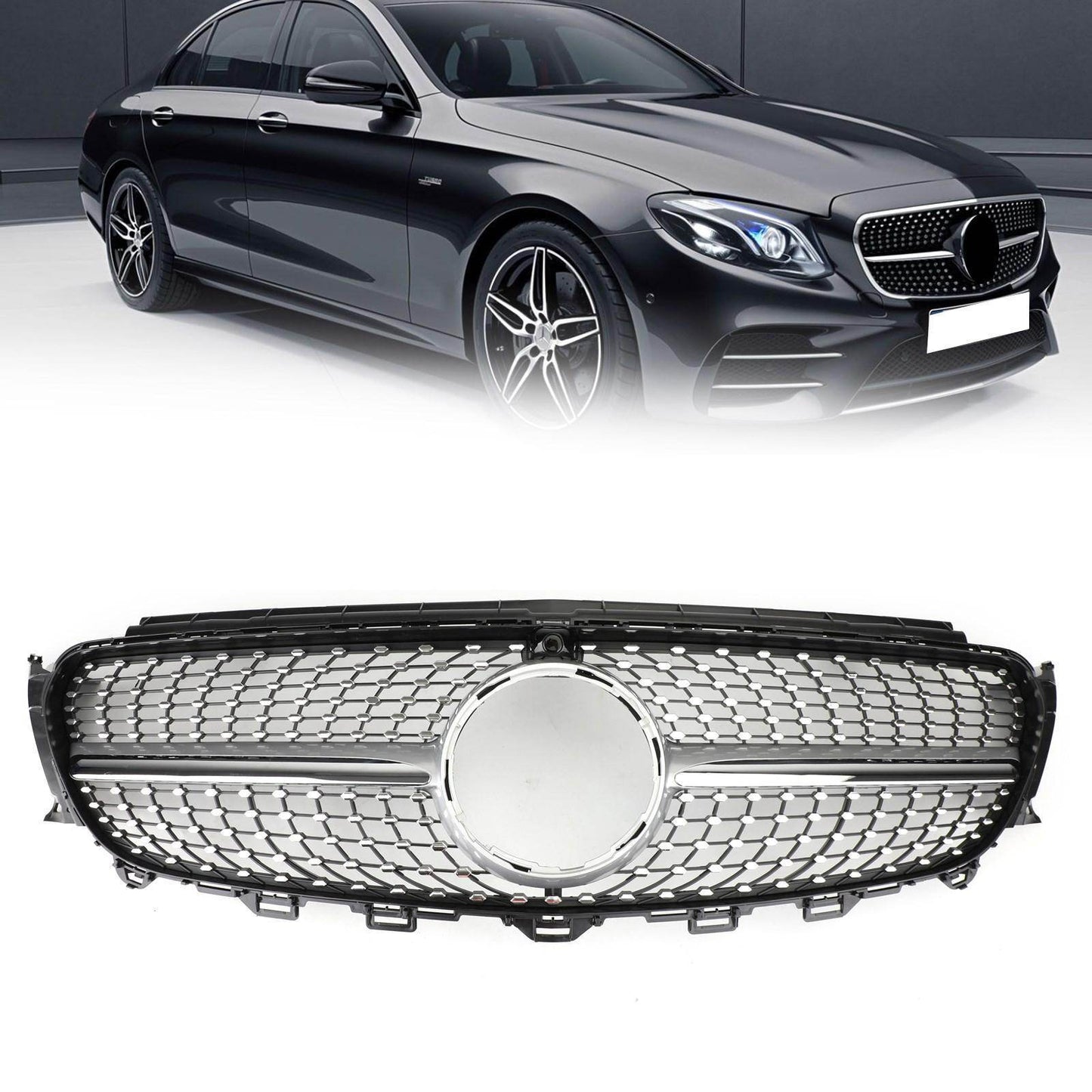 Diamond Silver Edge Front Grille For 2016 To 2019 Mercedes-Benz W213 E300 E400 - Velora