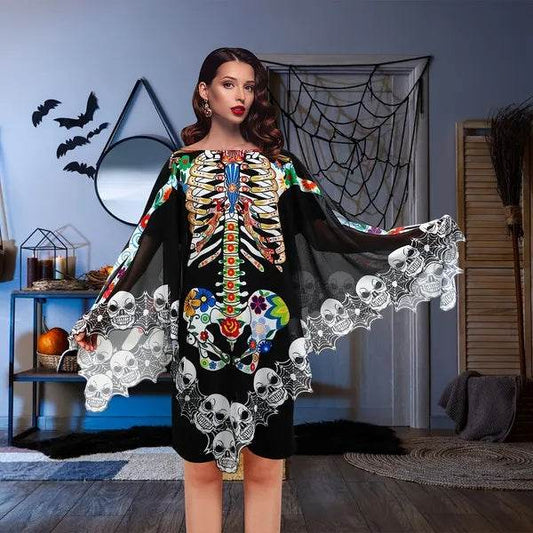 Halloween Skeleton Poncho, Lace Skeleton Halloween Costume Poncho Day Of The Dead Poncho For Women - Velora