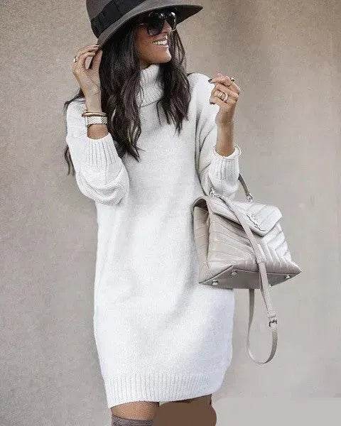 Autumn Winter Woolen Knitted Short Turtleneck Sweater Dress - Velora