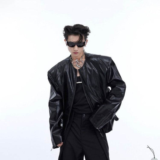Texture Sense Padded Shoulder Leather Coat Men - Velora