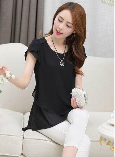 New Spring Summer Women Chiffon Loose Blouse top O-Neck Short sleeve Plus size - Velora