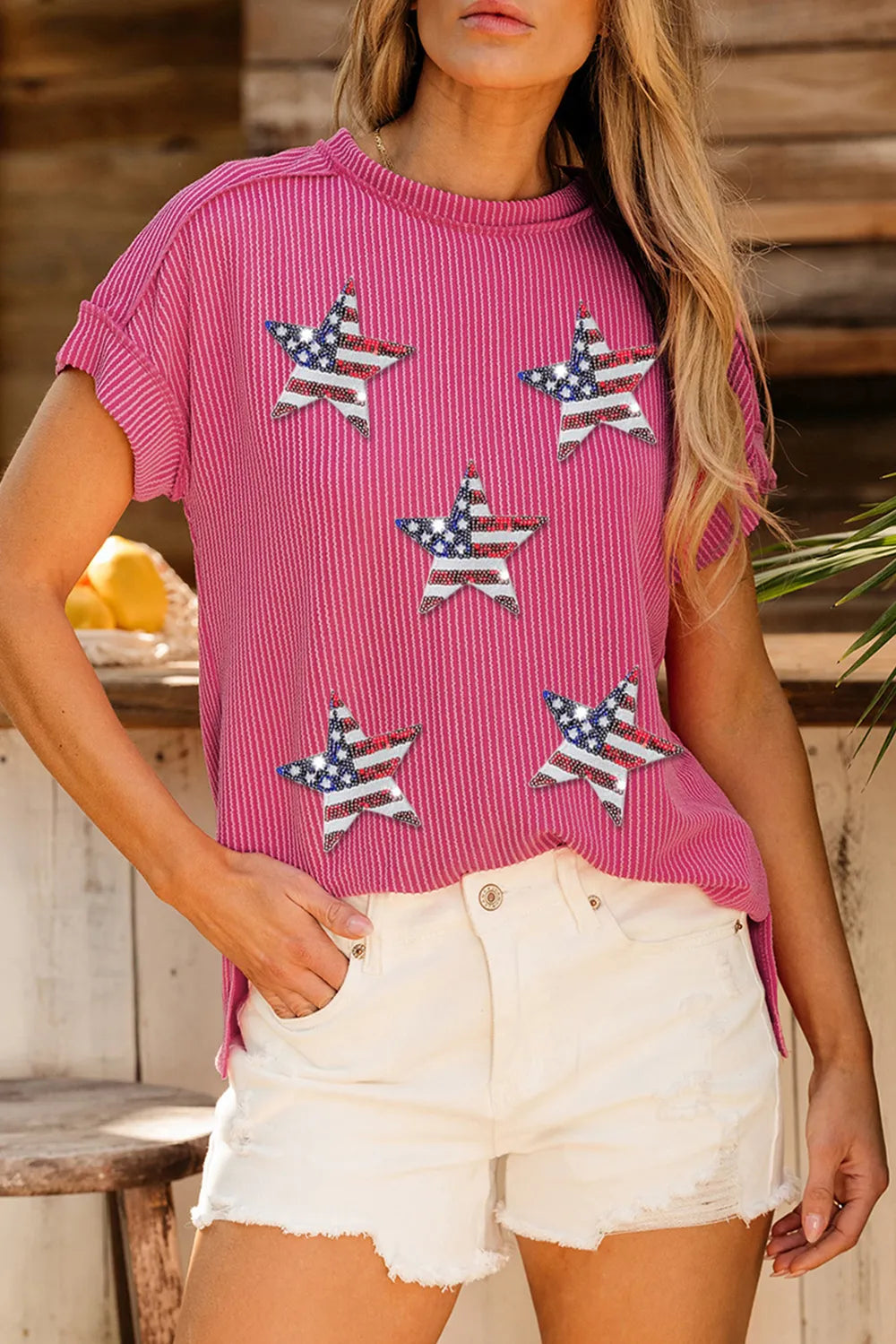 Exposed Seam Star Round Neck Short Sleeve Top - Velora