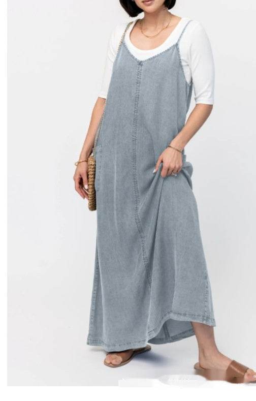New Suspender Leisure Denim mum loose long Dress - Velora