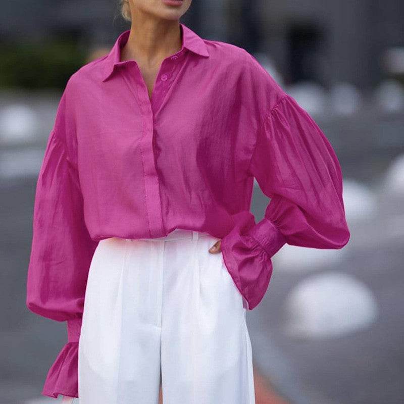 Loose Lapel Lantern Long Sleeves Blouse Shirt For Women - Velora
