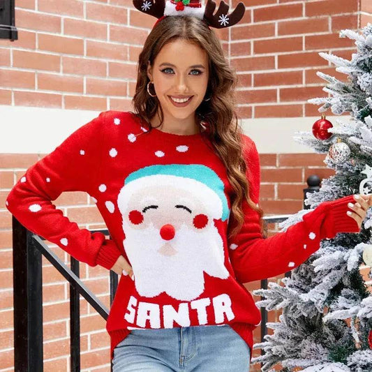 Women's Tops Santa Pullover Sweater Autumn And Winter Letter Embroidery Christmas Red Sweaters Long Sleeve Crew Neck Clothes - Velora