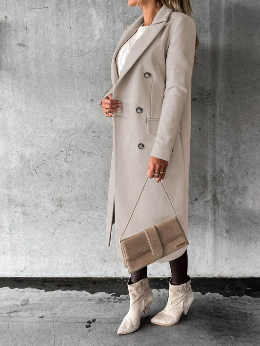 Long Sleeve Lapel Coat Winter Fashion Solid Double Breasted Slim Long Jacket Womens Clothing - Velora
