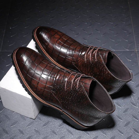 Casual Men's Leather Boots With Front Lace-Up Low-Cut Mid-Heel - Velora
