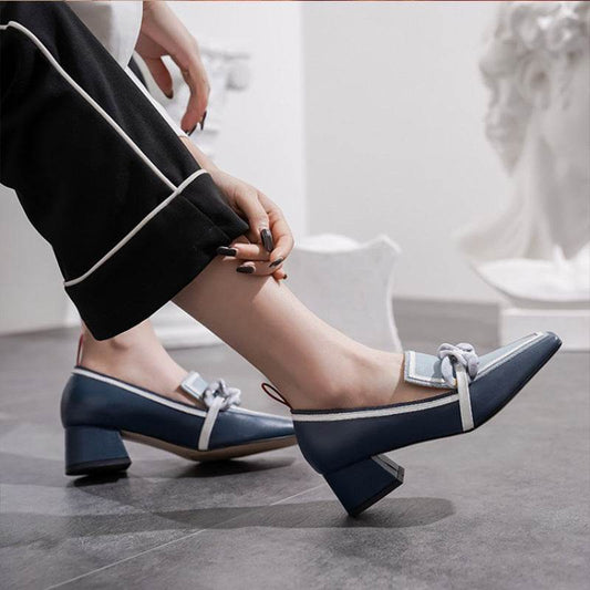 Color Matching Square Toe Women's Shoes Green Mid-Heel English Style Small Leather Shoes - Velora