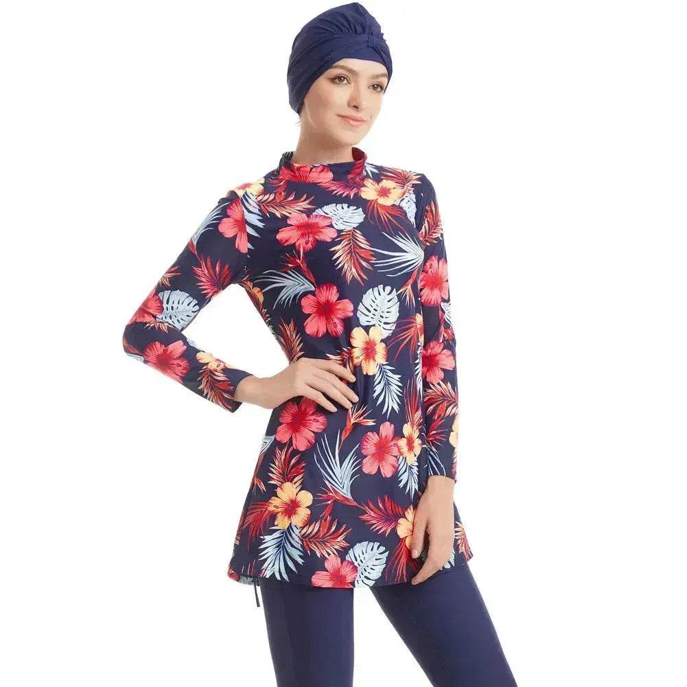 ArabSwimwear Women Modest Patchwork Hijab Long Sleeves Sport Swimsuit Islamic muslimah Burkinis Wear Bathing Suit - Velora