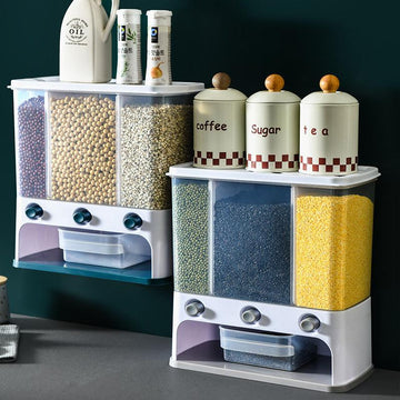 Wall-Mounted Grain Storage Box – Clear Plastic Rice & Cereal Container with Press Funnel