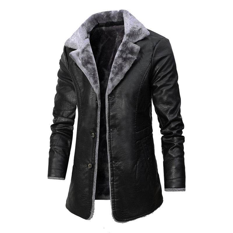 Plush Lapel Leather Jacket Winter Warm Fleece Single-breasted Coat For Men Long Clothing - Velora