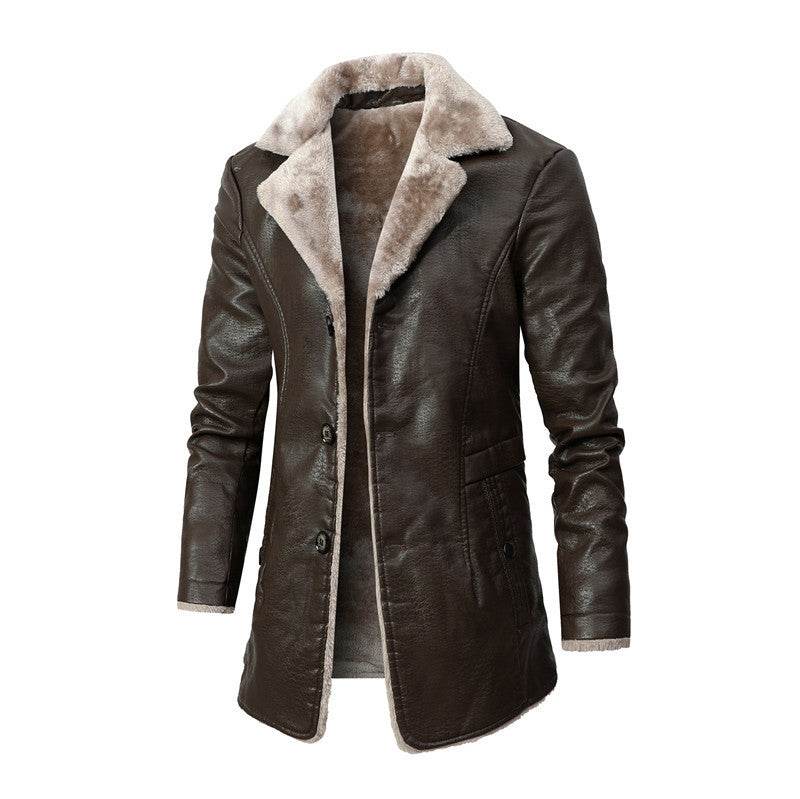 Plush Lapel Leather Jacket Winter Warm Fleece Single-breasted Coat For Men Long Clothing - Velora