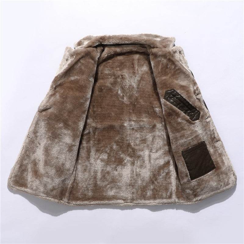 Plush Lapel Leather Jacket Winter Warm Fleece Single-breasted Coat For Men Long Clothing - Velora