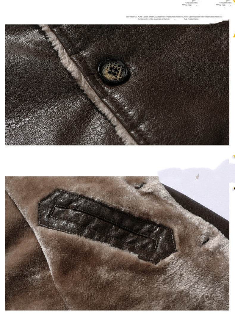 Plush Lapel Leather Jacket Winter Warm Fleece Single-breasted Coat For Men Long Clothing - Velora