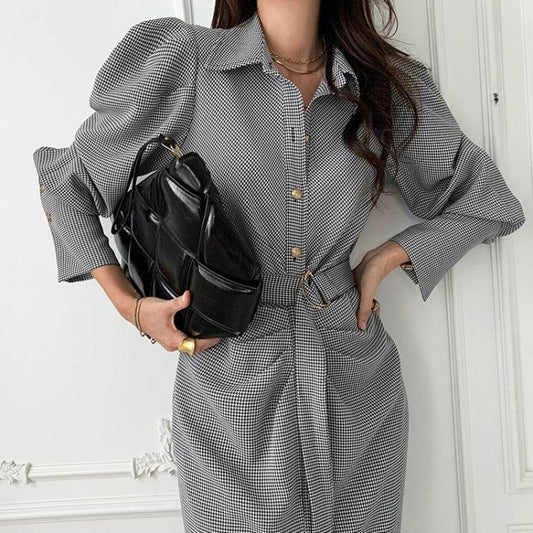 Design Pleated Plaid Long Puff Sleeve Dress - Velora