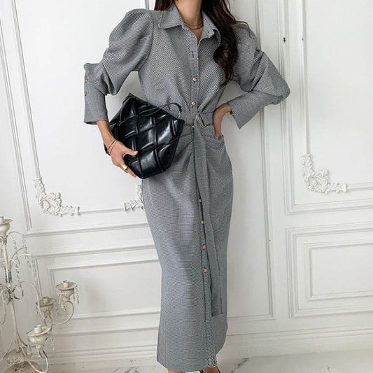 Design Pleated Plaid Long Puff Sleeve Dress - Velora