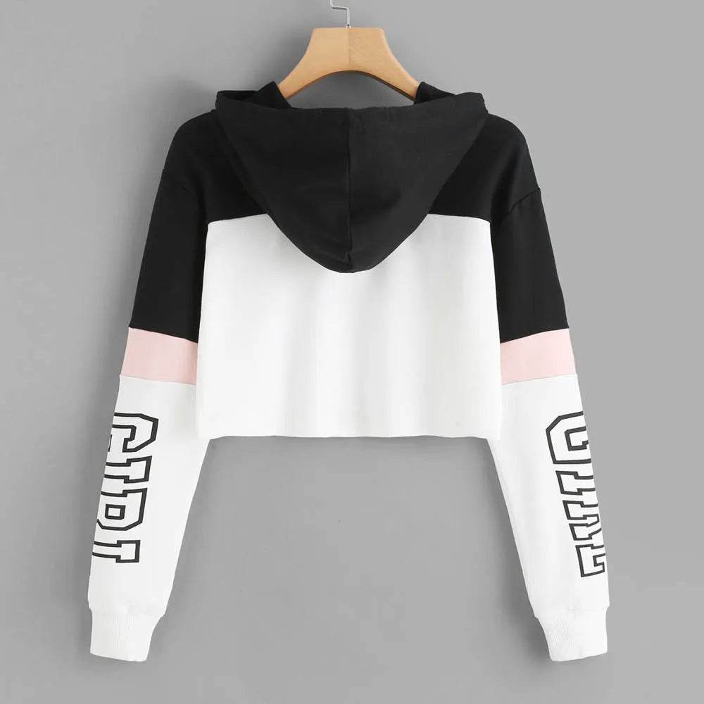 Girls Fashion Hoodie Crop Top Sweatshirt Pullover Women Patchwork - Velora
