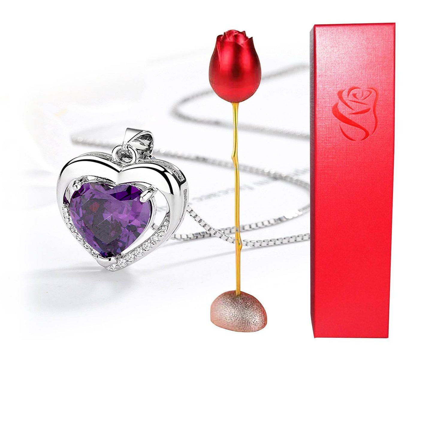 Valentines Day Gift Heart Shaped Blue Purple Crystal Diamond Pendant Rose Head Necklace - Velora