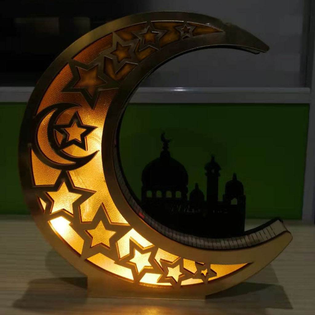 Wooden Eid Mubarak Mirror Golden Moon Castle craft Hollow Letters with LED Lights decor Ornaments - Velora