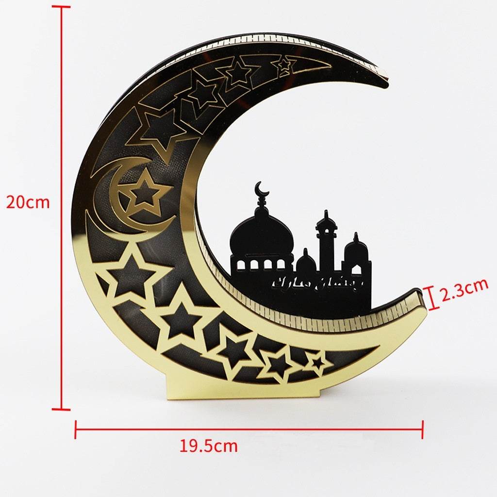 Wooden Eid Mubarak Mirror Golden Moon Castle craft Hollow Letters with LED Lights decor Ornaments - Velora