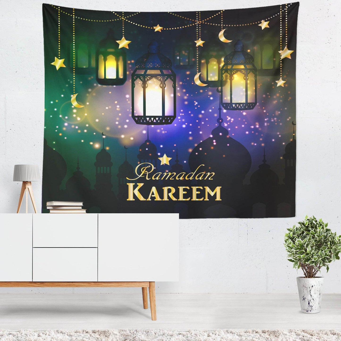 Colorful Lantern Living Room Bedroom Ramadan Tapestry Eid Mubarak Wall Carpet Mural - Velora