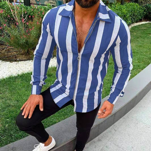Fashionable Men's Zipper Sleeve Striped Shirt - Velora