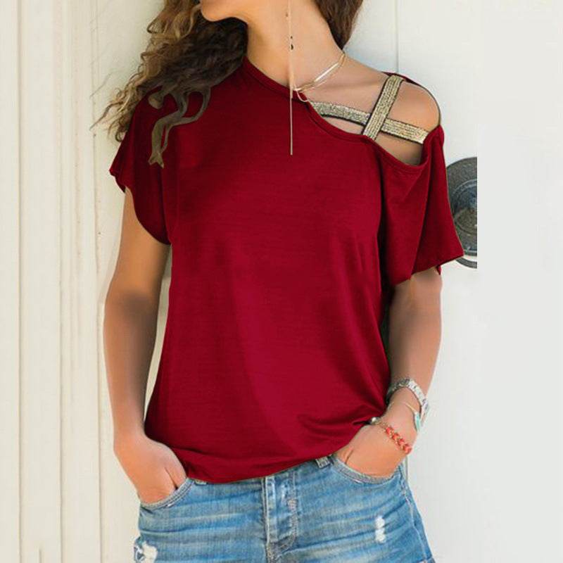 Women Skew Neck Summer Irregular Criss Cross Short Sleeves Sexy Off Shoulder Solid Tops Blusa Femme One Shoulder Blouse - Velora