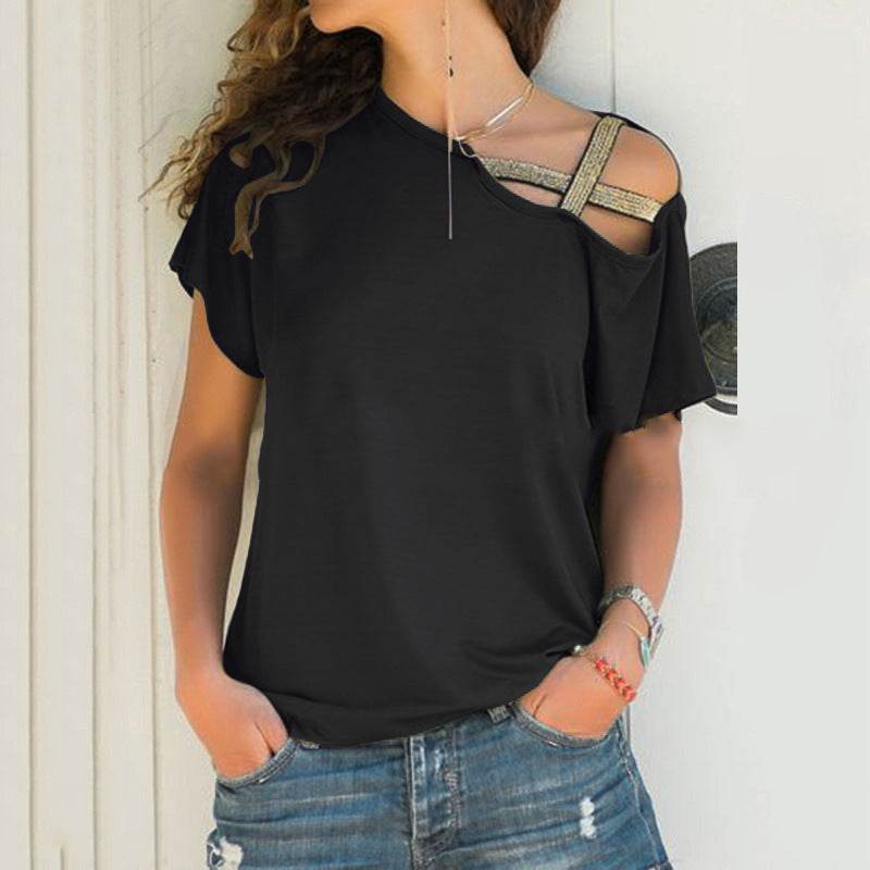 Women Skew Neck Summer Irregular Criss Cross Short Sleeves Sexy Off Shoulder Solid Tops Blusa Femme One Shoulder Blouse - Velora
