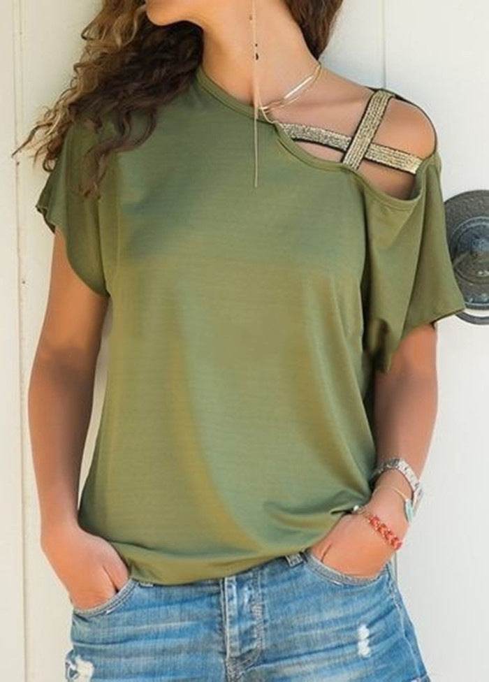 Women Skew Neck Summer Irregular Criss Cross Short Sleeves Sexy Off Shoulder Solid Tops Blusa Femme One Shoulder Blouse - Velora