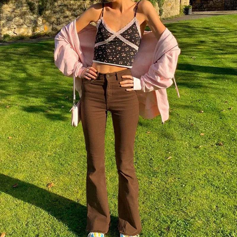 Brown High Waist Stretch Bootcut Jeans Women Casual Pants - Velora