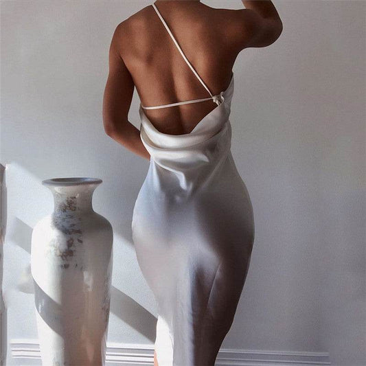 Elegant Women's Midi Satin Dress One Shoulder Spaghetti Strap Backless Ruched Summer DRESS