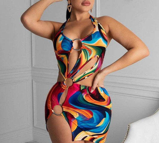 Adogirl Summer Hollow Out Halter Dress Sexy Backless Women Multicolor Evening Party Club Beach Wear Skinny Mini Dresses Vestido - Velora