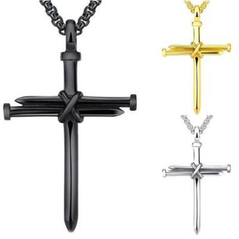 Steel Gold Black Color Fashion Mens Iron Nail Cross Pendant Necklace Stainless Steel 3mm Round Box Chain Jewelry Gift For Men - Velora