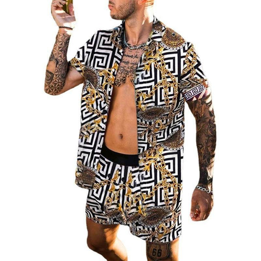 Summer Men Hawaiian Sets Printed Breathable Lapel Short Sleeve Shirtelastic Waist Beach Shorts Streetwear Casual Men Sets 2 Piec - Velora